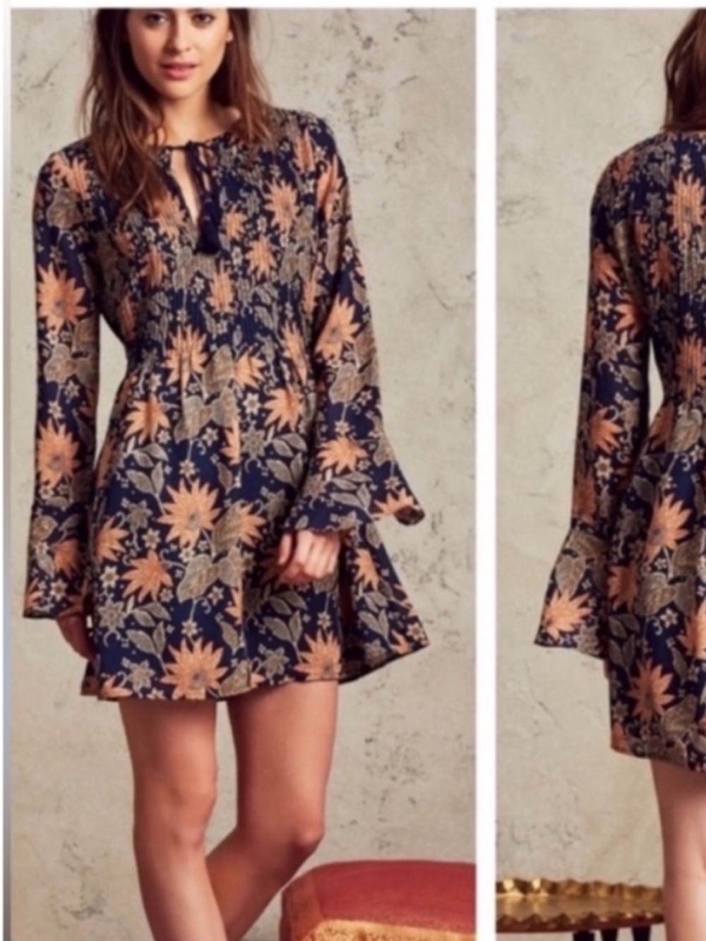 Tularosa Navy and Beige Floral Long Sleeve Dress extra small (XS)